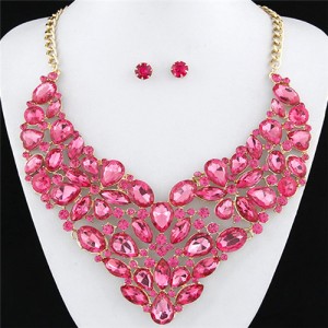 Glitering Assorted Gems Combined Luxurious Style Alloy Statement Fashion Necklace and Earrings Set - Pink
