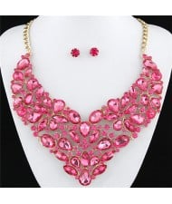 Glitering Assorted Gems Combined Luxurious Style Alloy Statement Fashion Necklace and Earrings Set - Pink