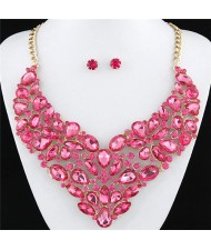 Glitering Assorted Gems Combined Luxurious Style Alloy Statement Fashion Necklace and Earrings Set - Pink