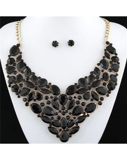 Glitering Assorted Gems Combined Luxurious Style Alloy Statement Fashion Necklace and Earrings Set - Black