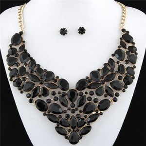 Glitering Assorted Gems Combined Luxurious Style Alloy Statement Fashion Necklace and Earrings Set - Black