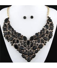 Glitering Assorted Gems Combined Luxurious Style Alloy Statement Fashion Necklace and Earrings Set - Black