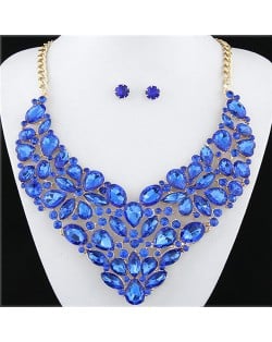 Glitering Assorted Gems Combined Luxurious Style Alloy Statement Fashion Necklace and Earrings Set - Blue