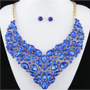 Glitering Assorted Gems Combined Luxurious Style Alloy Statement Fashion Necklace and Earrings Set - Blue