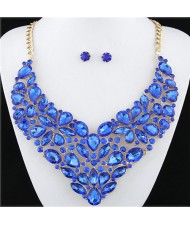 Glitering Assorted Gems Combined Luxurious Style Alloy Statement Fashion Necklace and Earrings Set - Blue