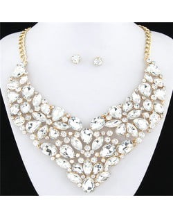 Glitering Assorted Gems Combined Luxurious Style Alloy Statement Fashion Necklace and Earrings Set - Transparent