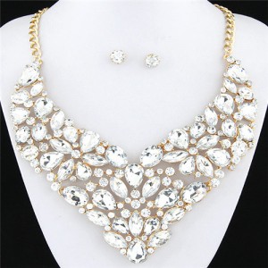 Glitering Assorted Gems Combined Luxurious Style Alloy Statement Fashion Necklace and Earrings Set - Transparent
