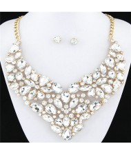 Glitering Assorted Gems Combined Luxurious Style Alloy Statement Fashion Necklace and Earrings Set - Transparent