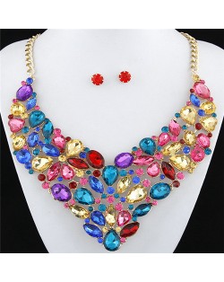 Glitering Assorted Gems Combined Luxurious Style Alloy Statement Fashion Necklace and Earrings Set - Multicolor