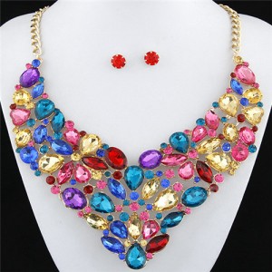 Glitering Assorted Gems Combined Luxurious Style Alloy Statement Fashion Necklace and Earrings Set - Multicolor