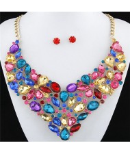 Glitering Assorted Gems Combined Luxurious Style Alloy Statement Fashion Necklace and Earrings Set - Multicolor