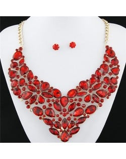 Glitering Assorted Gems Combined Luxurious Style Alloy Statement Fashion Necklace and Earrings Set - Red