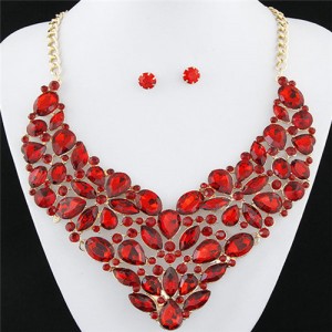 Glitering Assorted Gems Combined Luxurious Style Alloy Statement Fashion Necklace and Earrings Set - Red