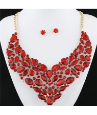 Glitering Assorted Gems Combined Luxurious Style Alloy Statement Fashion Necklace and Earrings Set - Red