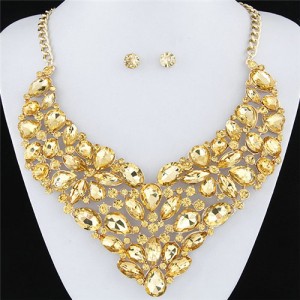 Glitering Assorted Gems Combined Luxurious Style Alloy Statement Fashion Necklace and Earrings Set - Golden