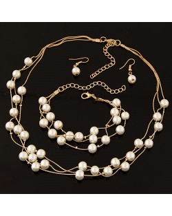 Fair Maiden Style Pearls Embellished Multi-layer Fashion Necklace Bracelets and Earrings Set