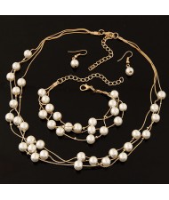 Fair Maiden Style Pearls Embellished Multi-layer Fashion Necklace Bracelets and Earrings Set