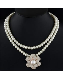 Graceful Pearl Centered Spot Oil Glazed Flower Pendant Dual Layers Pearl Fashion Necklace