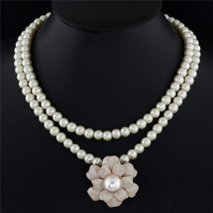 Graceful Pearl Centered Spot Oil Glazed Flower Pendant Dual Layers Pearl Fashion Necklace