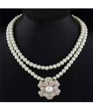 Graceful Pearl Centered Spot Oil Glazed Flower Pendant Dual Layers Pearl Fashion Necklace