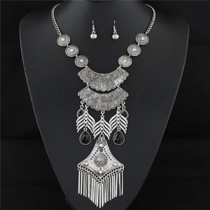 Vintage Style Floral Arches Fish Bones and Tassel Pendants Statement Fashion Necklace - Black