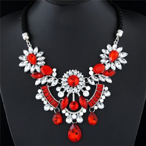 Resin Gems Mingled Flowers Cluster with Gem Waterdrops Design Costume Fashion Necklace - Red