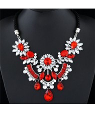 Resin Gems Mingled Flowers Cluster with Gem Waterdrops Design Costume Fashion Necklace - Red