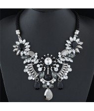 Resin Gems Mingled Flowers Cluster with Gem Waterdrops Design Costume Fashion Necklace - Black