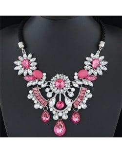 Resin Gems Mingled Flowers Cluster with Gem Waterdrops Design Costume Fashion Necklace - Pink