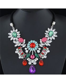 Resin Gems Mingled Flowers Cluster with Gem Waterdrops Design Costume Fashion Necklace - Multicolor