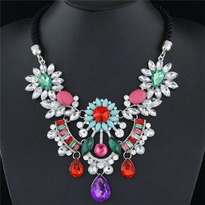 Resin Gems Mingled Flowers Cluster with Gem Waterdrops Design Costume Fashion Necklace - Multicolor