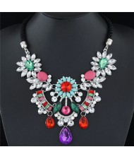Resin Gems Mingled Flowers Cluster with Gem Waterdrops Design Costume Fashion Necklace - Multicolor