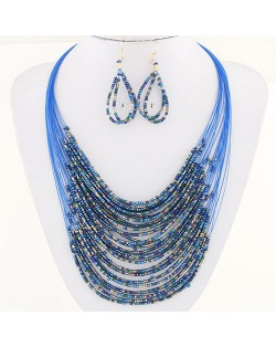 Bohemian Fashion Mini Beads Multi-layers Statement Necklace and Earrings Set - Sky Blue