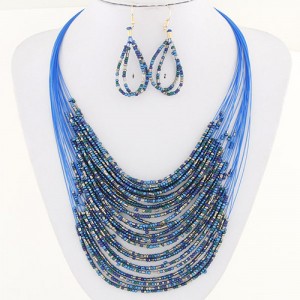Bohemian Fashion Mini Beads Multi-layers Statement Necklace and Earrings Set - Sky Blue