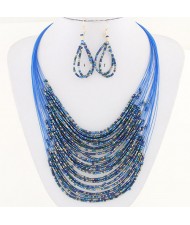 Bohemian Fashion Mini Beads Multi-layers Statement Necklace and Earrings Set - Sky Blue