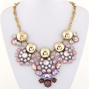 Resplendent Alloy Balls Decorated Resin Gems Flowers Design Statement Fashion Necklace - Pink