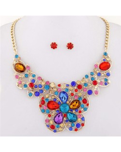 Resin Gems Mingled Sakura Flower Theme Statement Fashion Necklace and Earrings Set - Multicolor