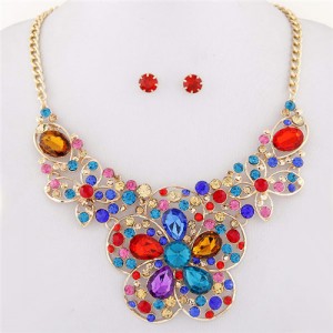 Resin Gems Mingled Sakura Flower Theme Statement Fashion Necklace and Earrings Set - Multicolor