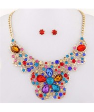 Resin Gems Mingled Sakura Flower Theme Statement Fashion Necklace and Earrings Set - Multicolor