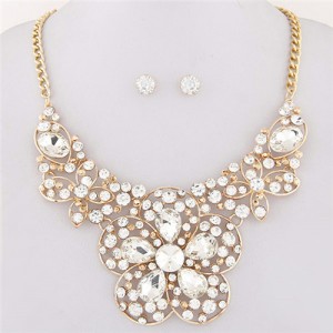 Resin Gems Mingled Sakura Flower Theme Statement Fashion Necklace and Earrings Set - Transparent