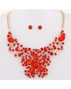 Resin Gems Mingled Sakura Flower Theme Statement Fashion Necklace and Earrings Set - Red