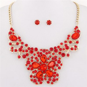 Resin Gems Mingled Sakura Flower Theme Statement Fashion Necklace and Earrings Set - Red