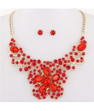 Resin Gems Mingled Sakura Flower Theme Statement Fashion Necklace and Earrings Set - Red