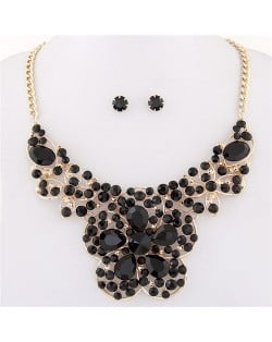 Resin Gems Mingled Sakura Flower Theme Statement Fashion Necklace and Earrings Set - Black