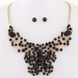 Resin Gems Mingled Sakura Flower Theme Statement Fashion Necklace and Earrings Set - Black