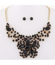 Resin Gems Mingled Sakura Flower Theme Statement Fashion Necklace and Earrings Set - Black