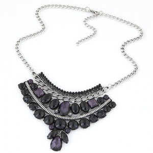 Resin Gems Mingled Fan-shaped Flower Theme Pendant Costume Fashion Necklace - Black