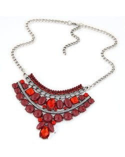 Resin Gems Mingled Fan-shaped Flower Theme Pendant Costume Fashion Necklace - Red