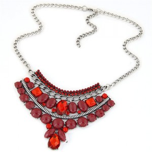 Resin Gems Mingled Fan-shaped Flower Theme Pendant Costume Fashion Necklace - Red