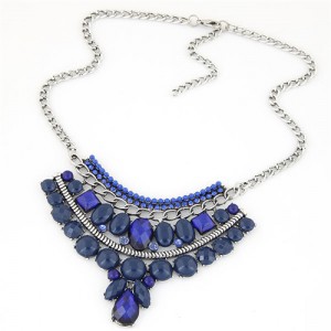 Resin Gems Mingled Fan-shaped Flower Theme Pendant Costume Fashion Necklace - Blue